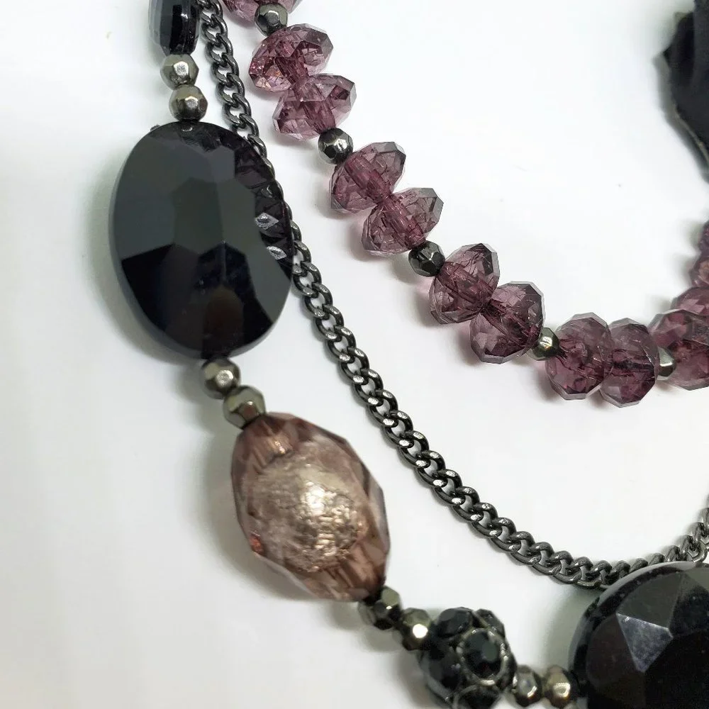 Black Organza Flower Purple Beaded Statement Triple Strand Statement Necklace